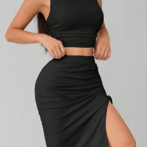 Black Ruched Two Piece Crop Top and Midi Skirt Set