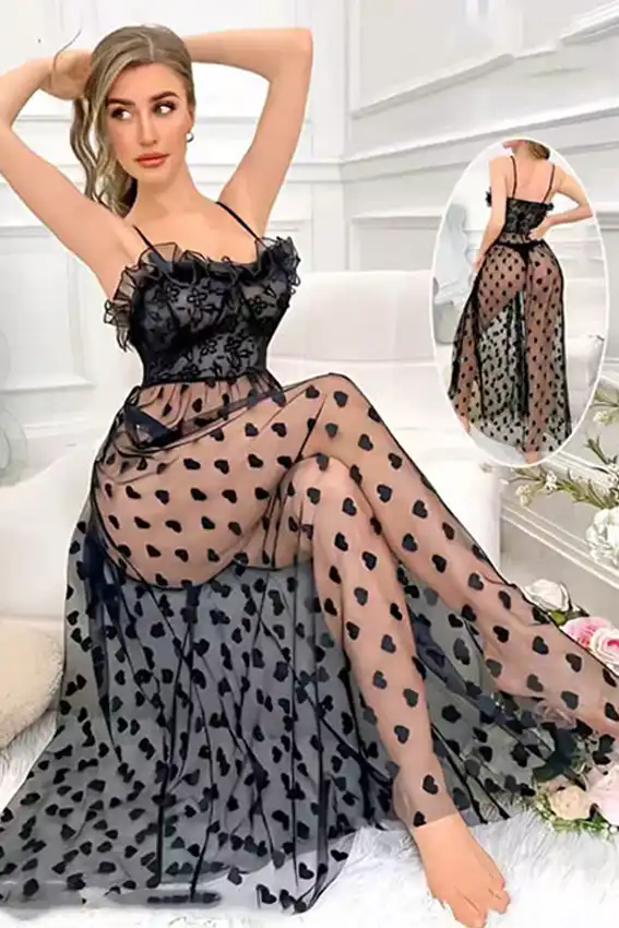 Heart Pattern Sleeveless Sheer Dress
