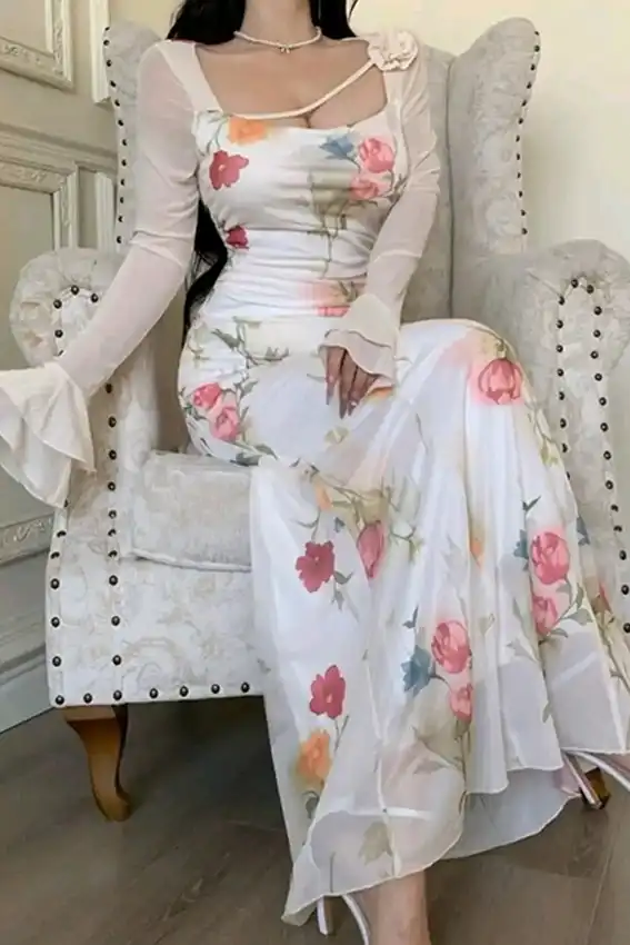 Elegant Floral Long Sleeve Dress