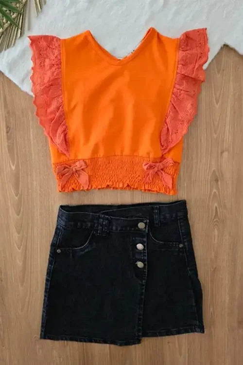 Stylish Ruffle Sleeve Top and Skirt