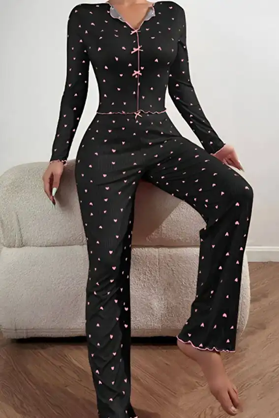 Heart Pattern Long Sleeve Pajama Set