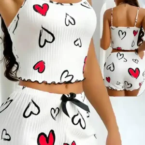Heart Patterned Sleeveless Shorts Set