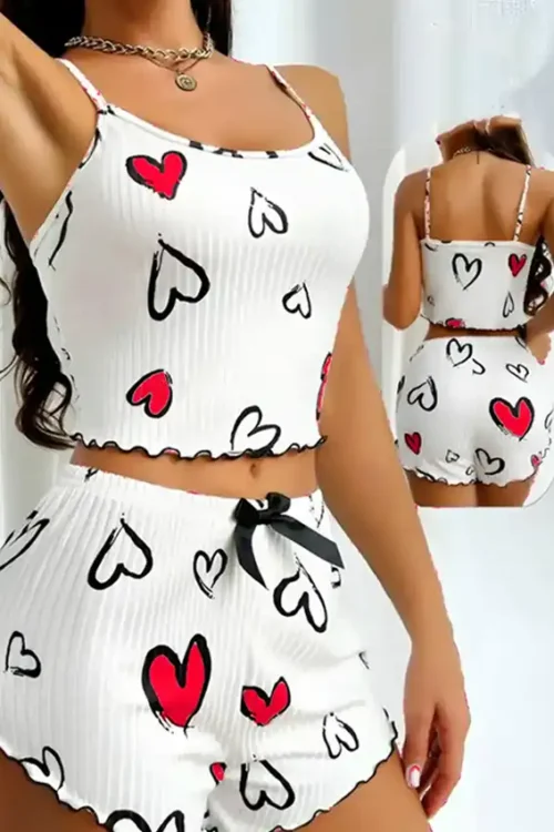 Heart Patterned Sleeveless Shorts Set