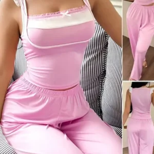 Pink Sleeveless Ruffle Strap Pajama Set