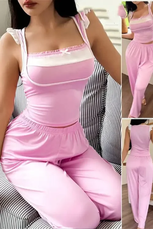 Pink Sleeveless Ruffle Strap Pajama Set