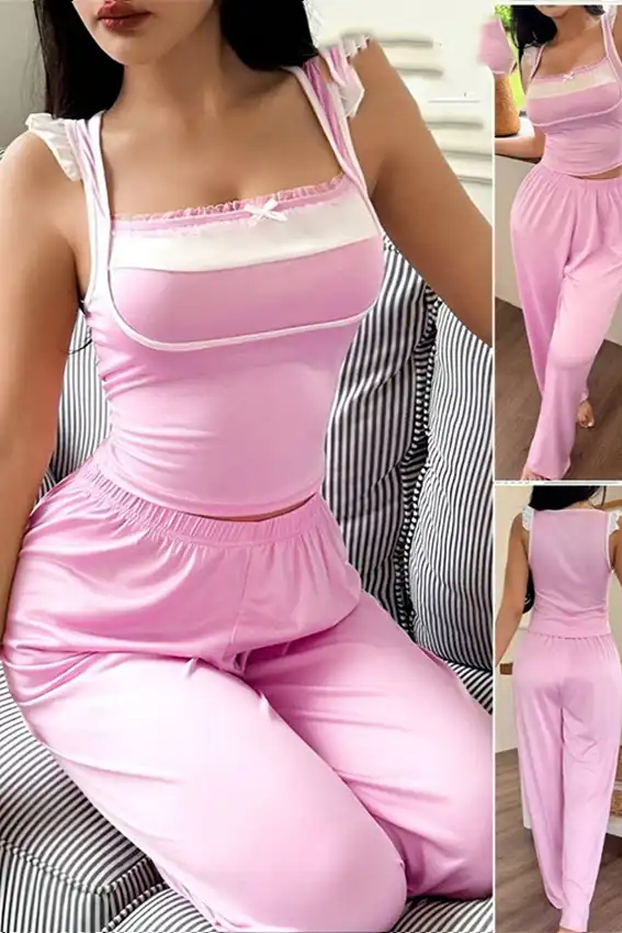 Pink Sleeveless Ruffle Strap Pajama Set