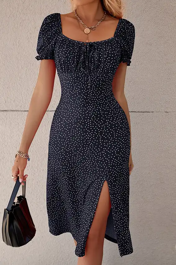 Polka Dot Short Puff Sleeve Dress