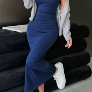 Sleeveless Denim-Effect Maxi Dress