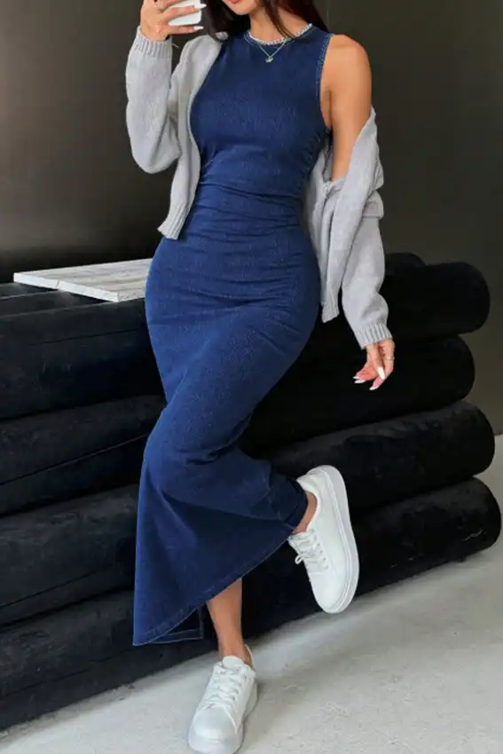 Sleeveless Denim-Effect Maxi Dress