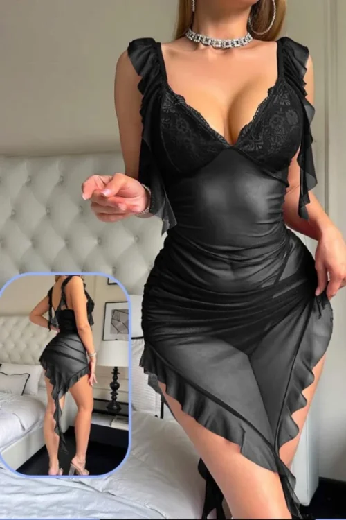 Elegant Ruffle Sleeve Black Dress