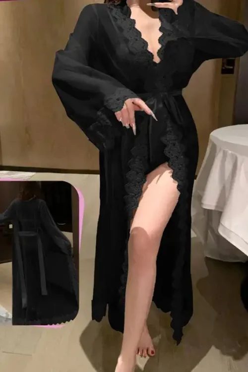 Elegant Black Lace Kimono Robe