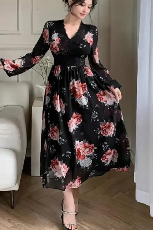 Elegant Floral Long Sleeve Dress
