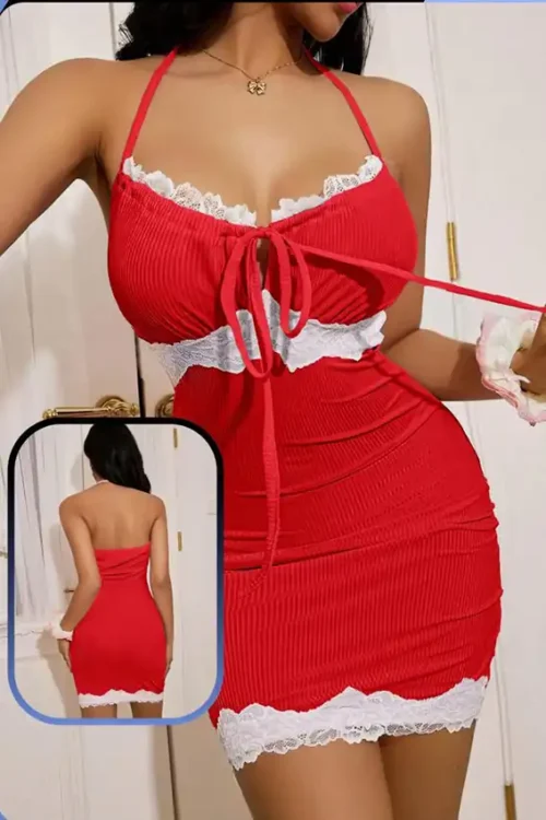 Red Sleeveless Lace-Trimmed Mini Dress