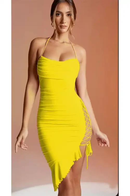 Yellow Ruched Asymmetrical Dress