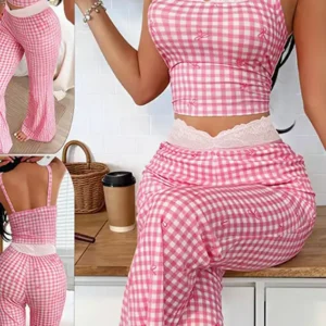 Pink Gingham Lace Trim Pajama Set