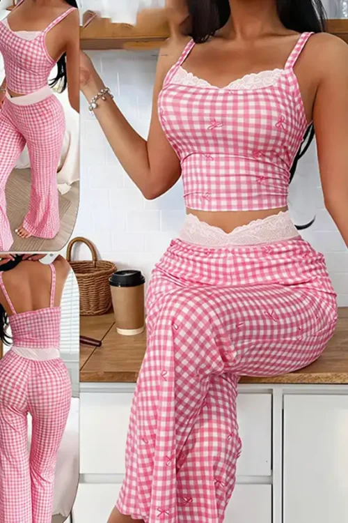 Pink Gingham Lace Trim Pajama Set