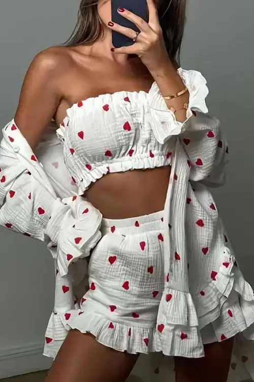 Stylish Heart Patterned Off-Shoulder Set