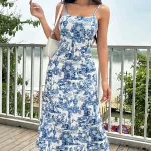Elegant Blue Floral Maxi Dress