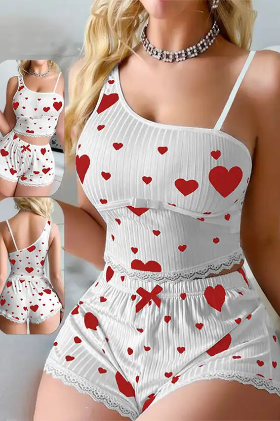 Heart Pattern Sleeveless Shorts Set