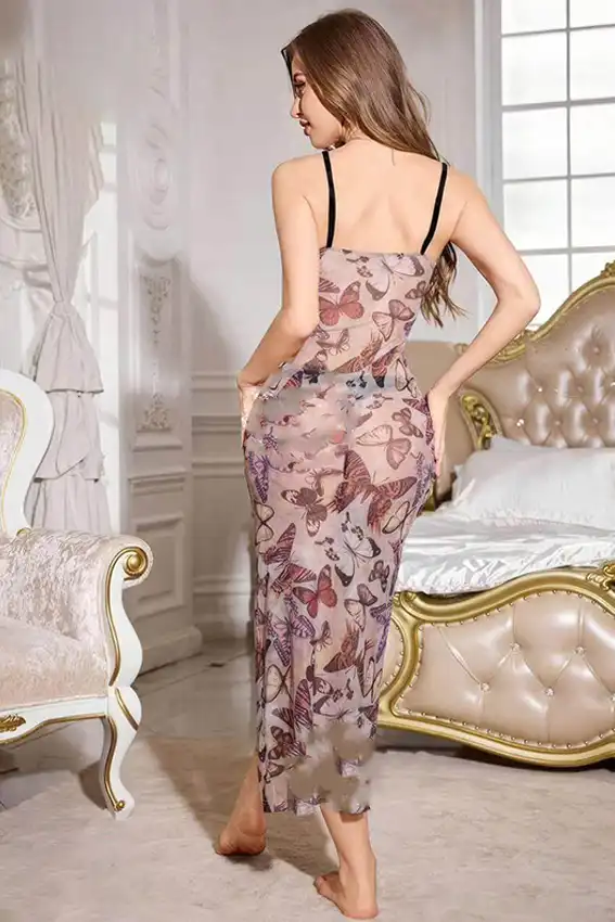 Butterfly Print Sleeveless Mesh Dress