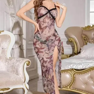 Butterfly Print Sleeveless Mesh Dress