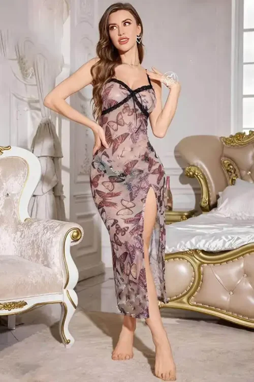 Butterfly Print Sleeveless Mesh Dress