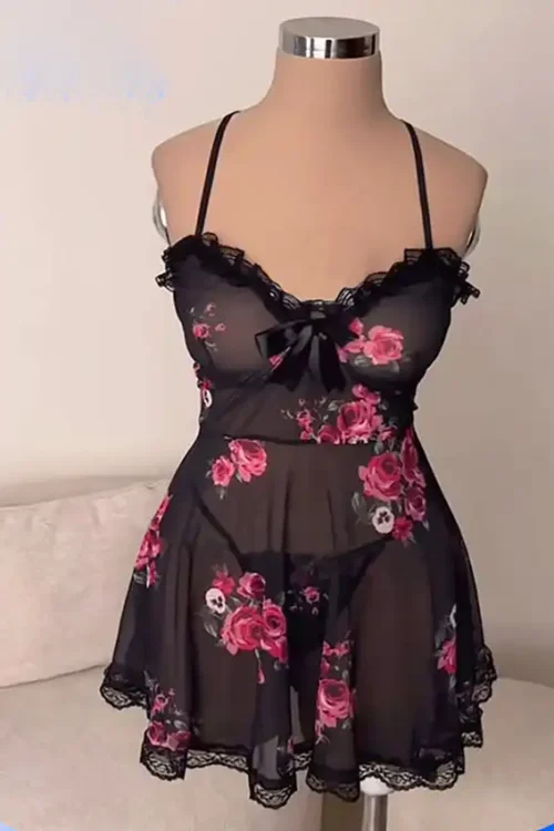 Floral Lace Nightdress with Spaghetti Straps