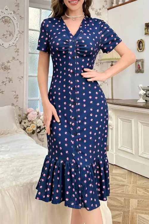 Floral Short Sleeve Ruffle Dress