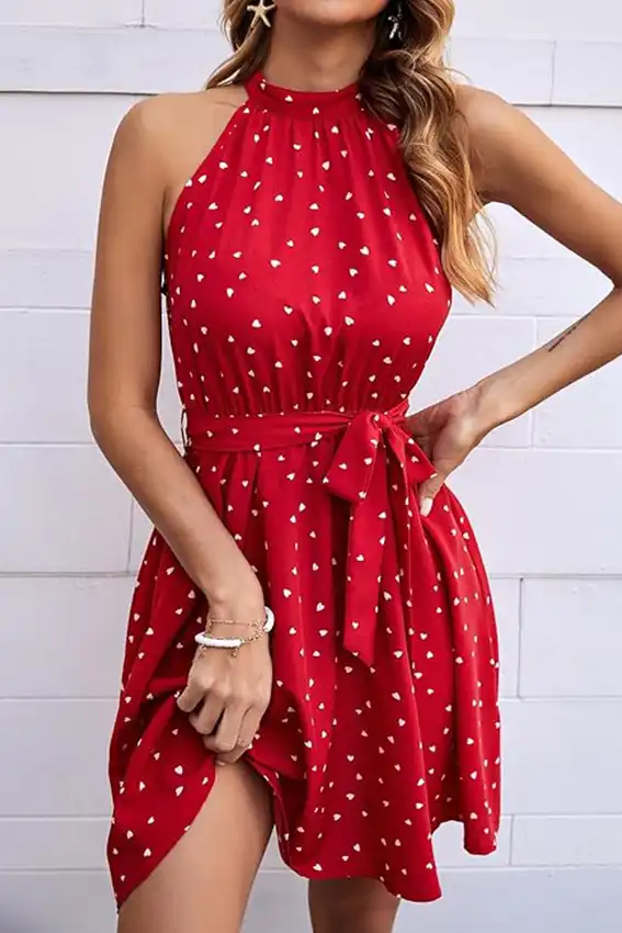Red Heart Patterned Sleeveless Dress