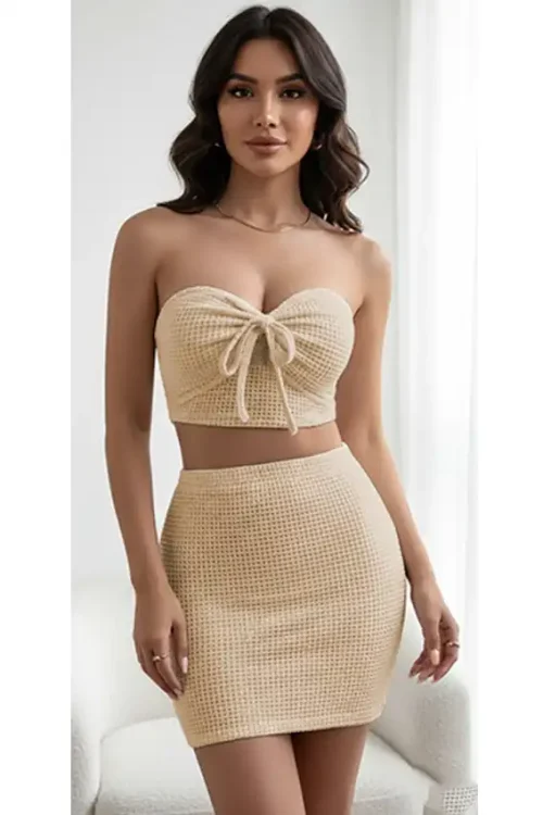 195225-3 Stylish Textured Strapless Crop Top Set