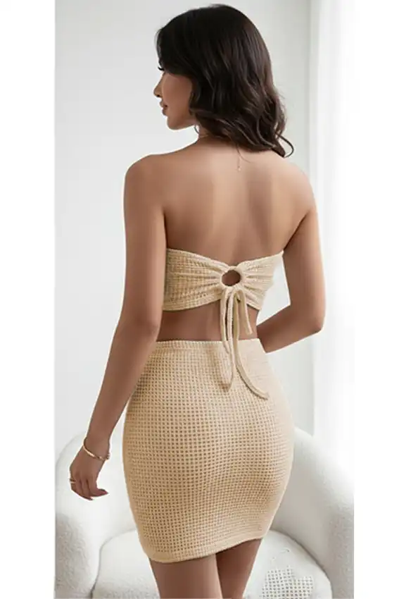 Stylish Textured Strapless Crop Top Set