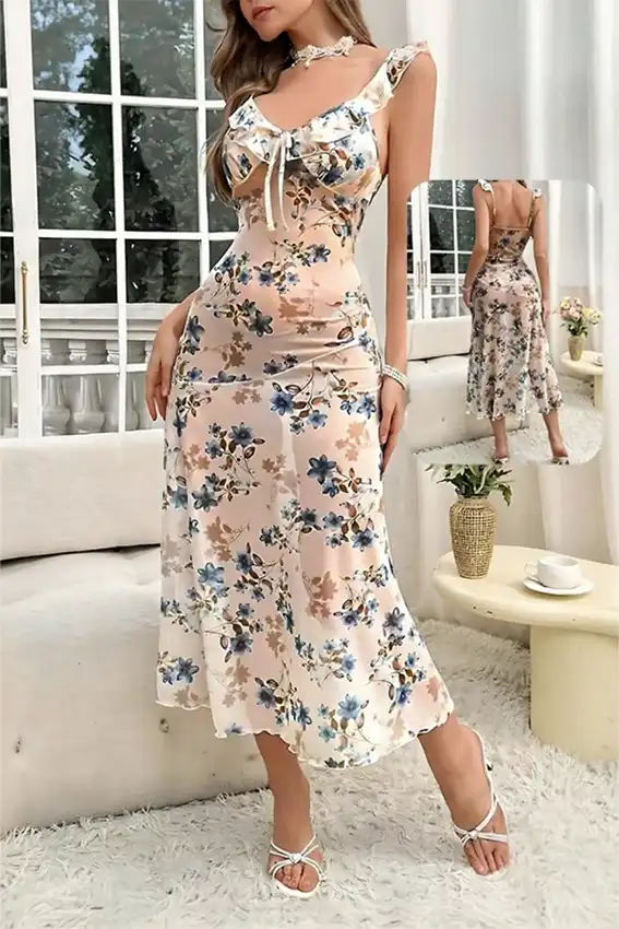Elegant Floral Sleeveless Midi Dress