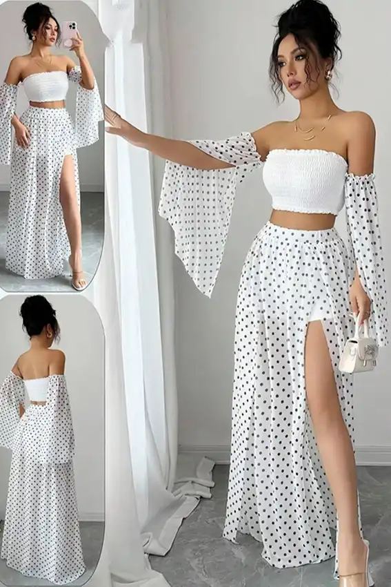 Bohemian Off-Shoulder Flared Sleeve Set