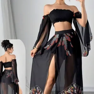 Bohemian Off-Shoulder Flared Sleeve Set