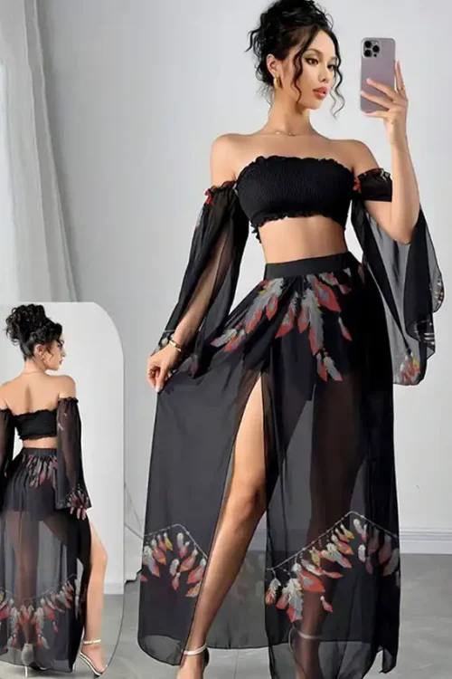 Bohemian Off-Shoulder Flared Sleeve Set