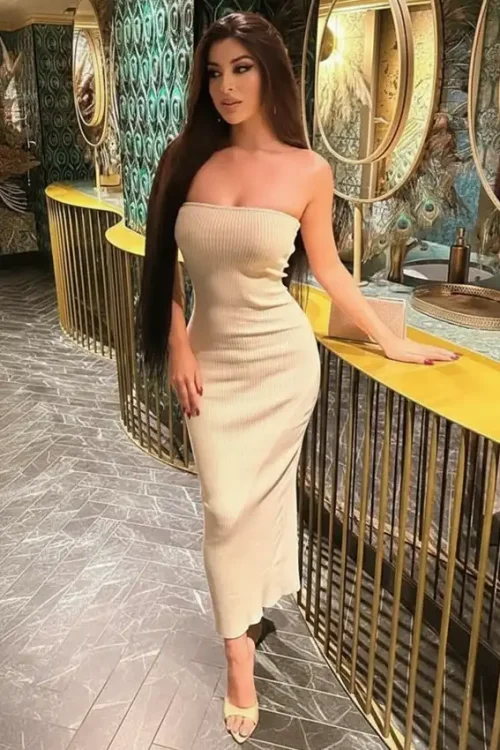 Strapless Beige Ribbed Maxi Dress
