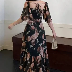 Floral Square Neck Dress with Cape Sleeves