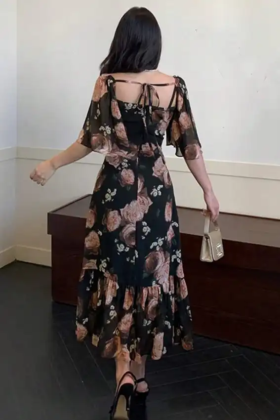 Floral Square Neck Dress with Cape Sleeves