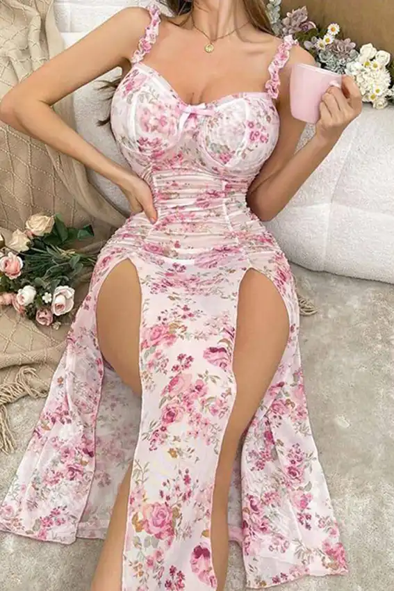 Floral Sleeveless Ruched Split Dress