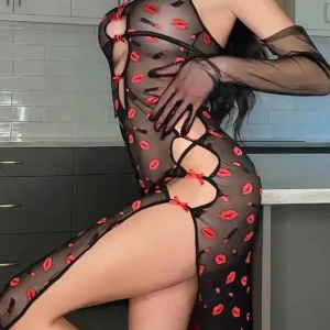 Lip Print Sleeveless Sheer Bodysuit