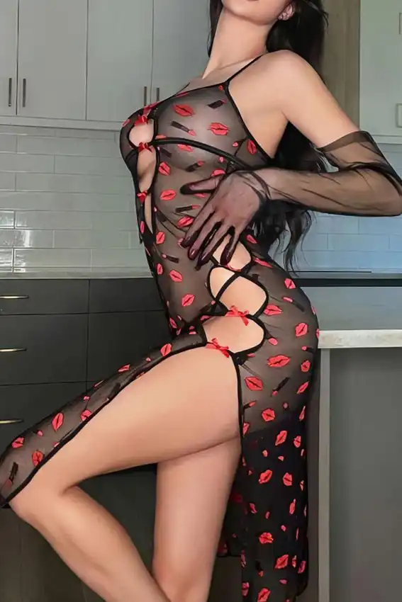 Lip Print Sleeveless Sheer Bodysuit