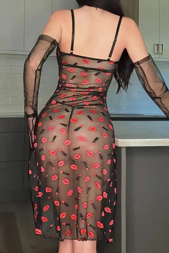 Lip Print Sleeveless Sheer Bodysuit
