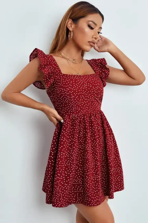 Red Polka Dot Ruffle Sleeve Dress