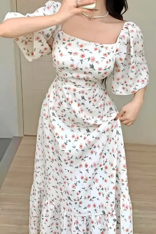 Elegant Floral Puff Sleeve Dress