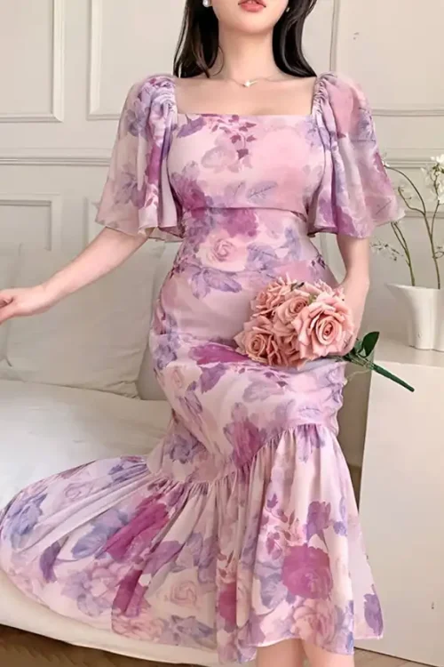 Elegant Floral Puff Sleeve Dress