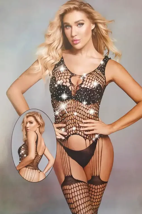 Sparkling Fishnet Bodysuit with Sleeveless Design