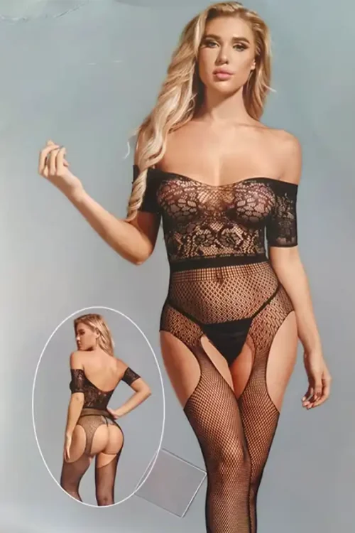 Lace Off-Shoulder Fishnet Bodysuit