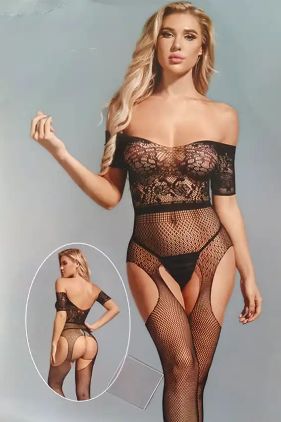 Lace Off-Shoulder Fishnet Bodysuit