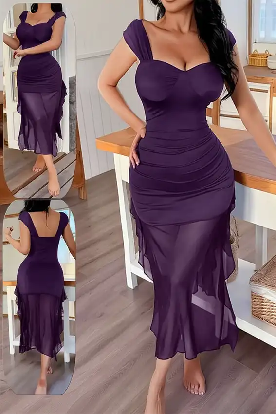 Elegant Purple Cap Sleeve Dress