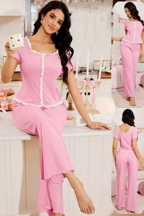 Ruffle Trim Pink Pajama Set